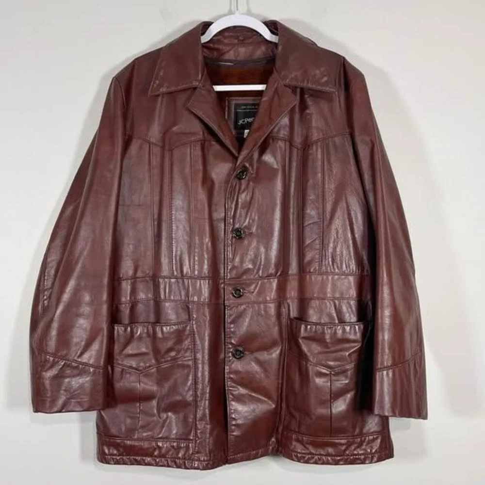 VTG JC Penny‎ Leather Jacket Mens 44 Brown Zip Out Faux Fur Lined 80s Retro